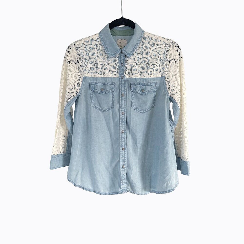 Anthropologie Blue Chambray Lace Shirt 2 Button-Down Cottagecore Boho Western